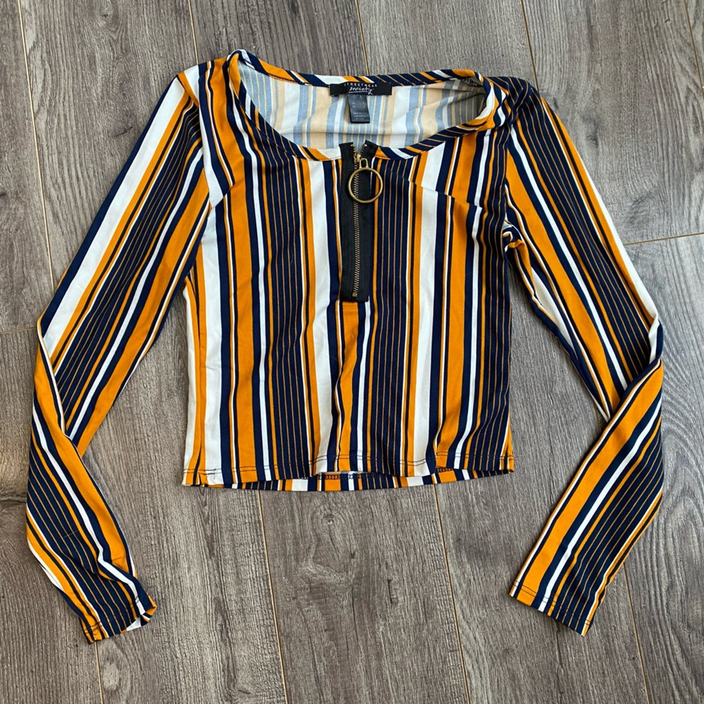 CLEAROUT Retro Striped Long Sleeve Top with slight crop and gold zipper